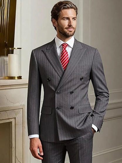 Men's Slim Fit Double Breasted Striped Suit – 2 Piece Blazer and Pants for Weddings and Formal Occasions