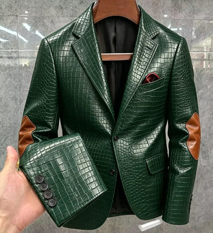 Men's Crocodile Embossed Leather Brown Jacket Patchwork Lapel Collar Slim Fit Luxury PU Blazer For Business Casual Party
