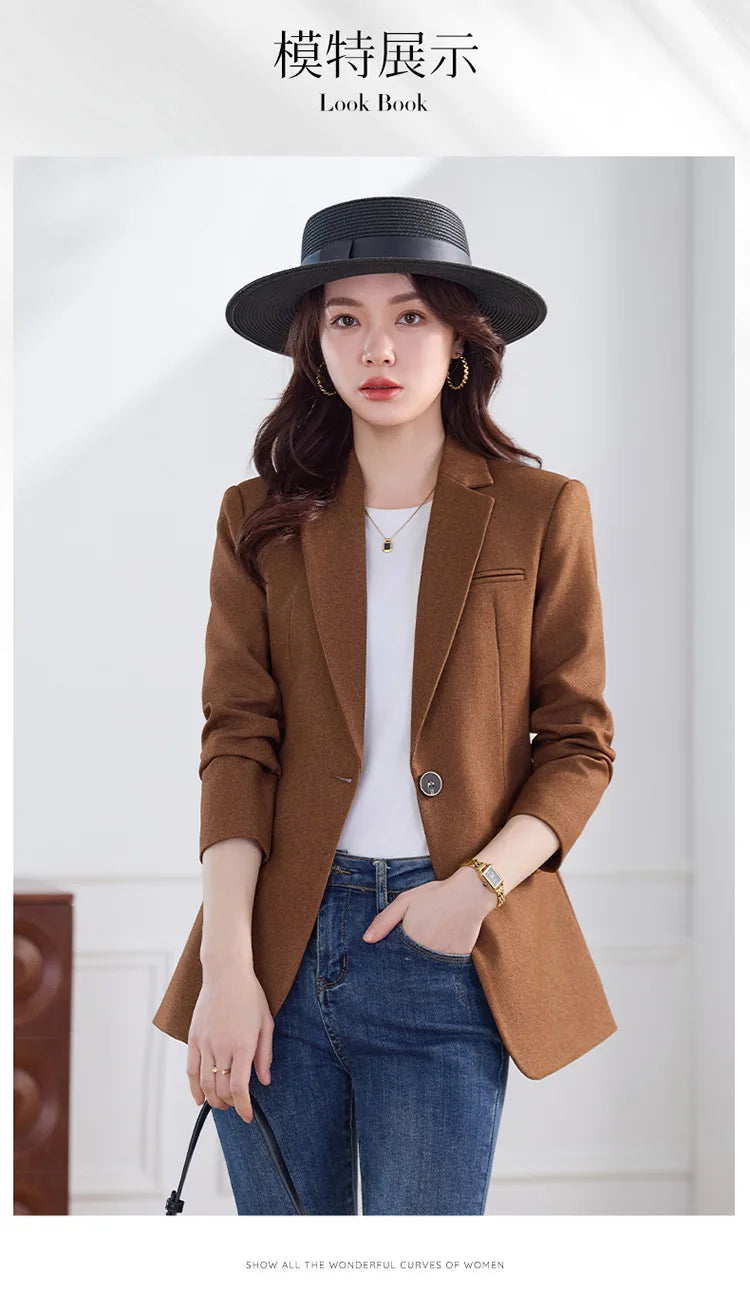 Elegant Solid Women's Blazer Long Sleeve Turn down Collar Slim Fit Office Jacket Single Button Spring Autumn Fashion