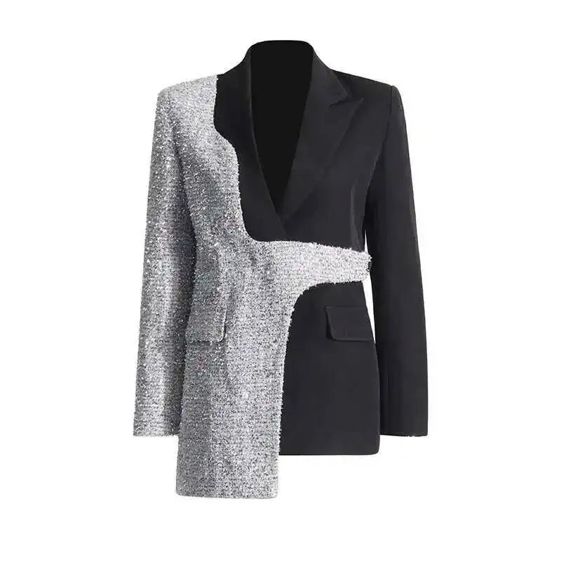 2026 Spring Autumn New Women Blazer Color Block Patchwork Asymmetrical Temperament Office Lady High-end Trend Jacket HK3107