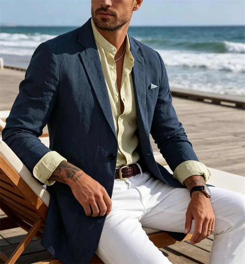 Men's Cotton Linen Blazer Solid Slim Fit Breathable Lightweight Casual Sport Coat One Button Lapel Suit Jacket for Daily Summer