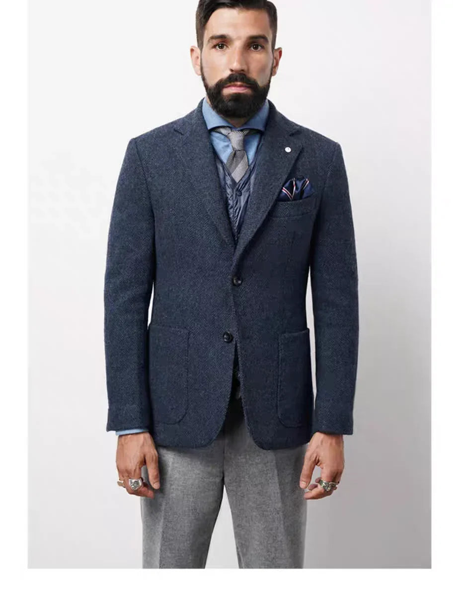 XS-6XL Blue/Gray Men's Herringbone Tweed Blazer Notch Lapel Two Buttons Tuxedo Jacket Woolen Suit Daily Office One Piece Coat