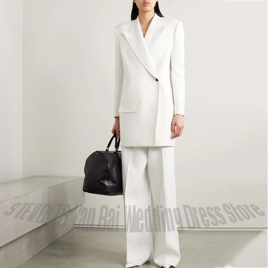 Modern Fashion White Women's Suit Classic Design Single Button Peak Lapel Jacket Pants Straight Fit Outfit Business Work Wear
