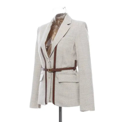 Women Blazer Contrast Color Spliced PU Leather Belted Slim Fit Single Breasted Elegant Urban High-end Jacket Spring HK10667