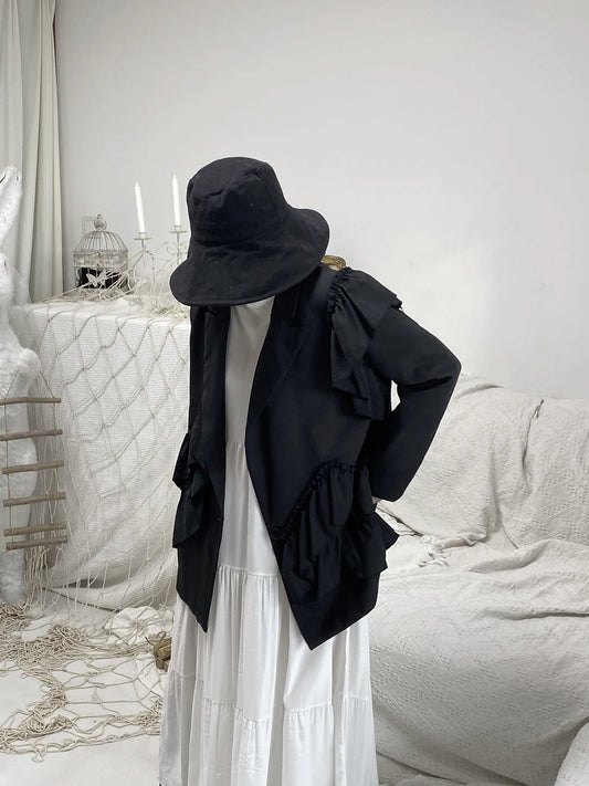Asymmetric Long Sleeve Suit Jacket Heavy Embellished Lotus Leaf  Dark Style Versatile Slimming Outerwear for Young Women