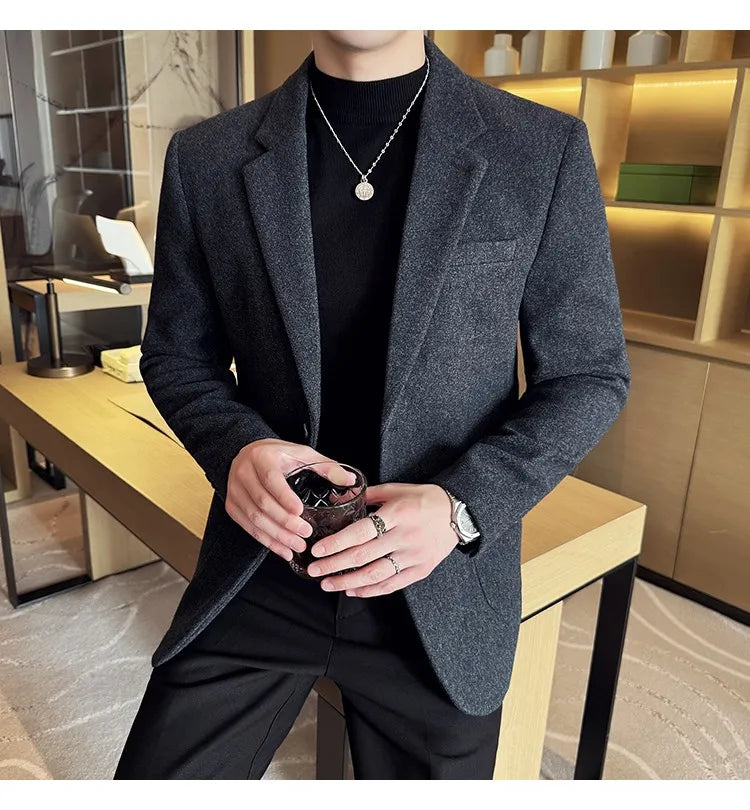 High Qualitys Thickened Wool Suit Jacket Autumn Winter New Luxury Solid Color Formal Men Business Slim Fit Social Party Tuxedo