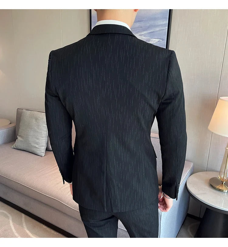 7XL 6XL(Jacket+Pant）Fashion Striped Men Slim Fit Suit Groom Wedding Tuxedo Formal Business Party Slim Fit Social Stage Costume