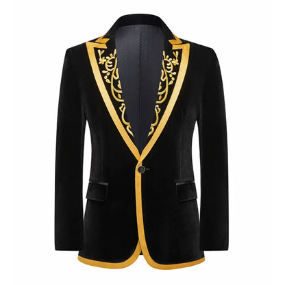 Men's Black Velvet Embroidery Formal Blazers Slim Fit Single Button Suit Jacket Singer Host Stage Banquet Prom Tuxedo Costume
