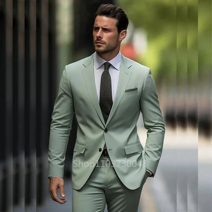 Men's 2-Piece Slim Fit Suit Set – Formal Wedding & Business Blazer with Trousers in Sky Blue & Mint