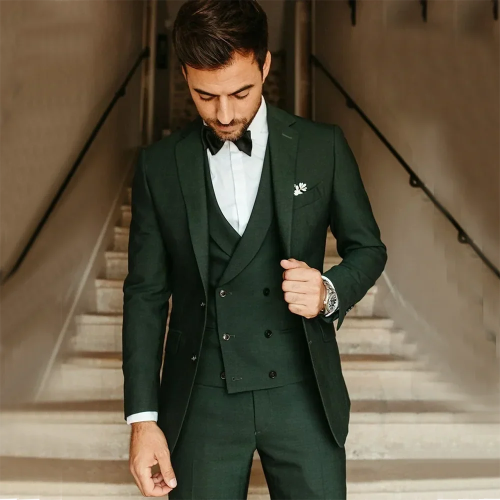 Men wedding Suits Army Green Groom Tuxedos Party Suit Slim Fit Business Casual Jacket Sets Costume Homme (jacket+vest+pants)