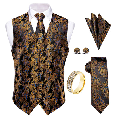 Men's Vest 5-Piece Set Black Gold Scroll Jacquard V-Neck for Banquets and Vintage Theme Events