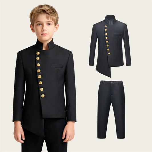 Boys 2-Piece Suit Set Gold Buttons Half Stand Collar for Wedding Party Christmas Ages 3–14