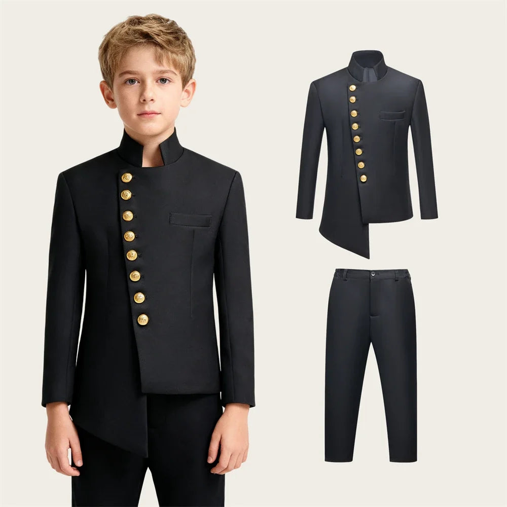 Boys Suit Set Two-Piece Gold Button Jacket with Pants Formal Outfit for Kids