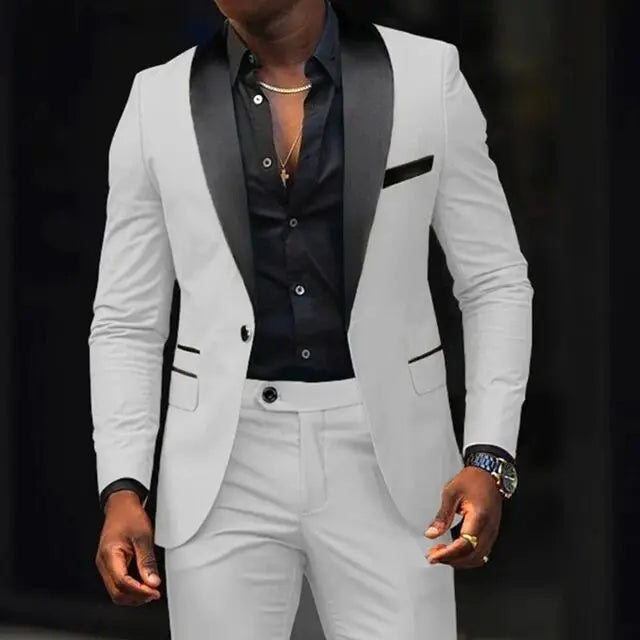 Casual 2 Piece Men Wedding Suits Solid Slim Fit Shawl Lapel Blazer Pant Designs Party Prom Suits Best Man Business Wear Suit