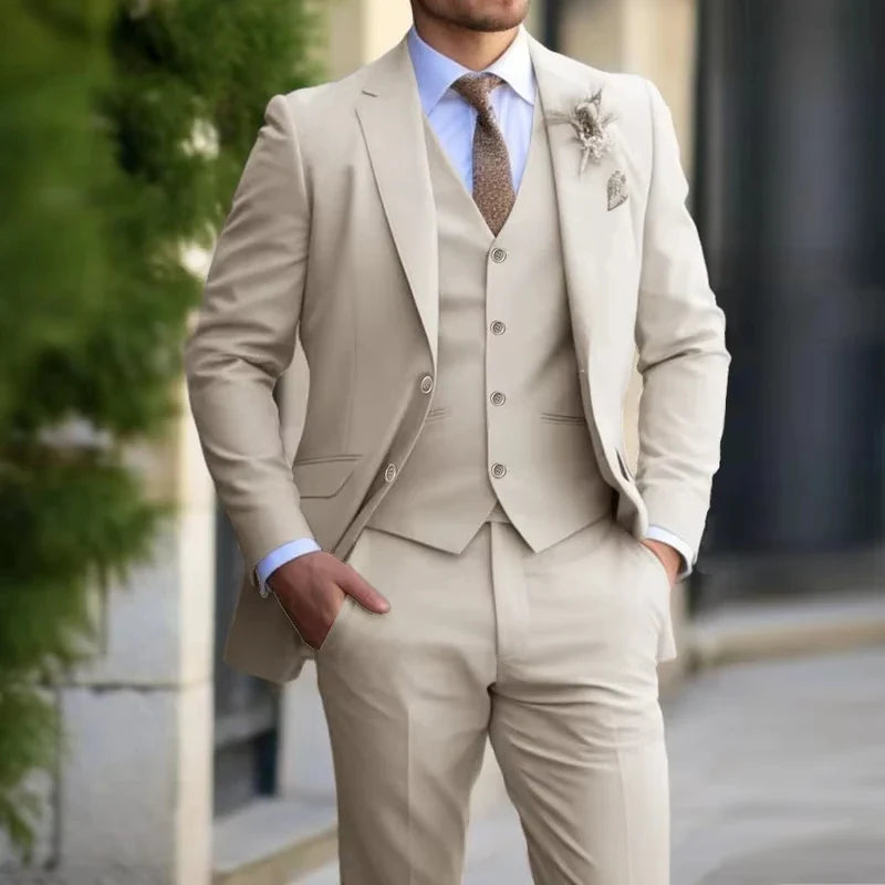 Beige Suit Men Business Tuxedos Formal 3 Piece Set Jacket Vest Pants Single Breasted Groom Groomsman Prom Wedding Party 2025 New