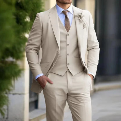 Beige Suit Men Business Tuxedos Formal 3 Piece Set Jacket Vest Pants Single Breasted Groom Groomsman Prom Wedding Party 2025 New