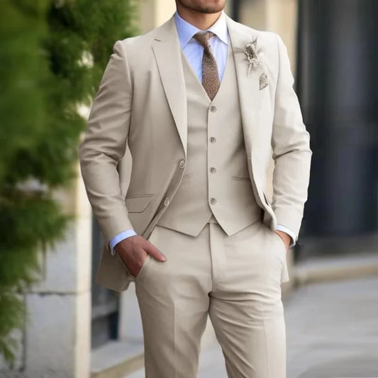 Beige Suit Men Business Tuxedos Formal 3 Piece Set Jacket Vest Pants Single Breasted Groom Groomsman Prom Wedding Party 2025 New