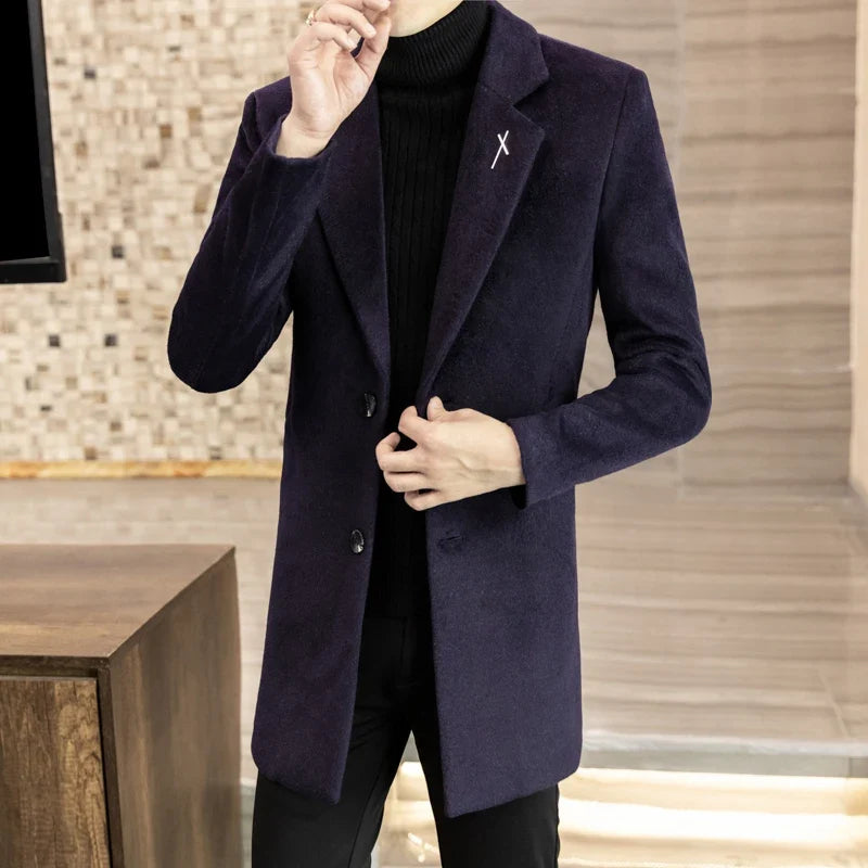High-quality men's fashionable and stylish mid-length solid color woolen and cotton thick coat for autumn and winter