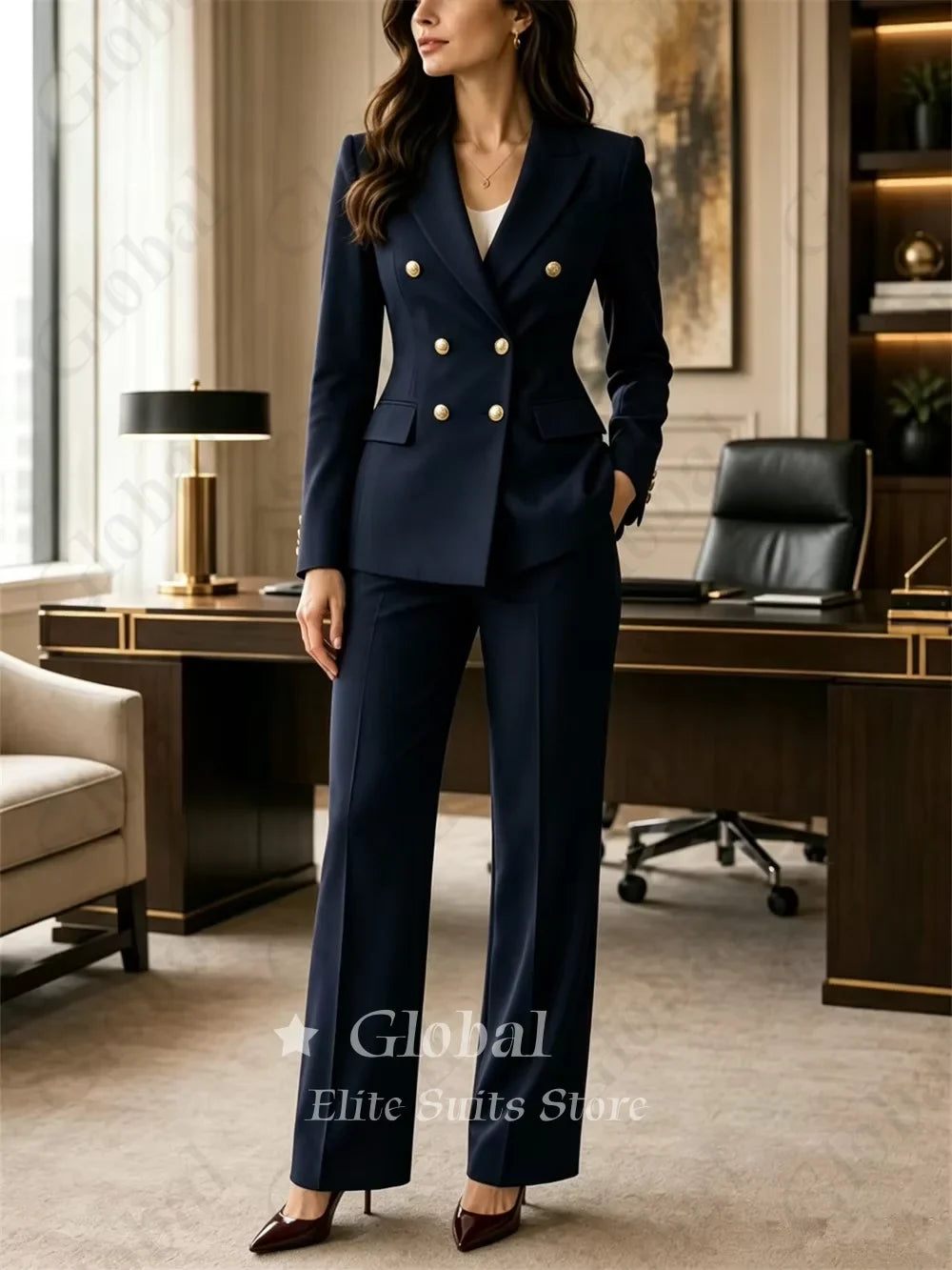 Office Lady Burgundy Women 2 Piece Pant Set Suit Double Breasted Gold Button Fitted Blazer Pants Office Business Prom Customized