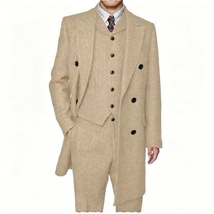Men Vintage Herringbone Tweed 3 Piece Suit Double Breasted Overcoat Vest Pants Wedding Busines British Style Wool Blend Suit Set