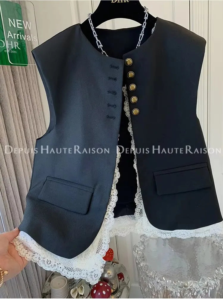 Fashion Loose Lace Patchwork Fake Two-piece Suit Vest Jacket Women's Korean  Spring  Autumn Sleeveless Top