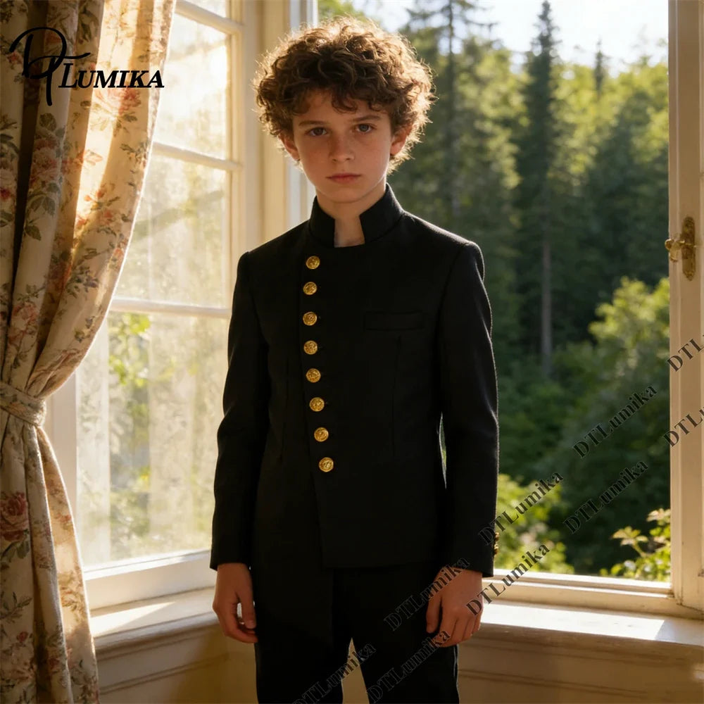 Boys Suit Set Mandarin Collar Tuxedo with Gold Buttons for Weddings and Formal Occasions