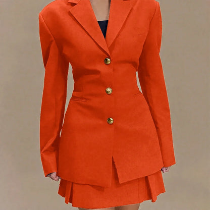Women's Pleated Skirt Suit Set 2025 2Pieces(Tailored Blazer&High Waist Skirt) Office Chic Single-breasted Notch Lapel Outfit