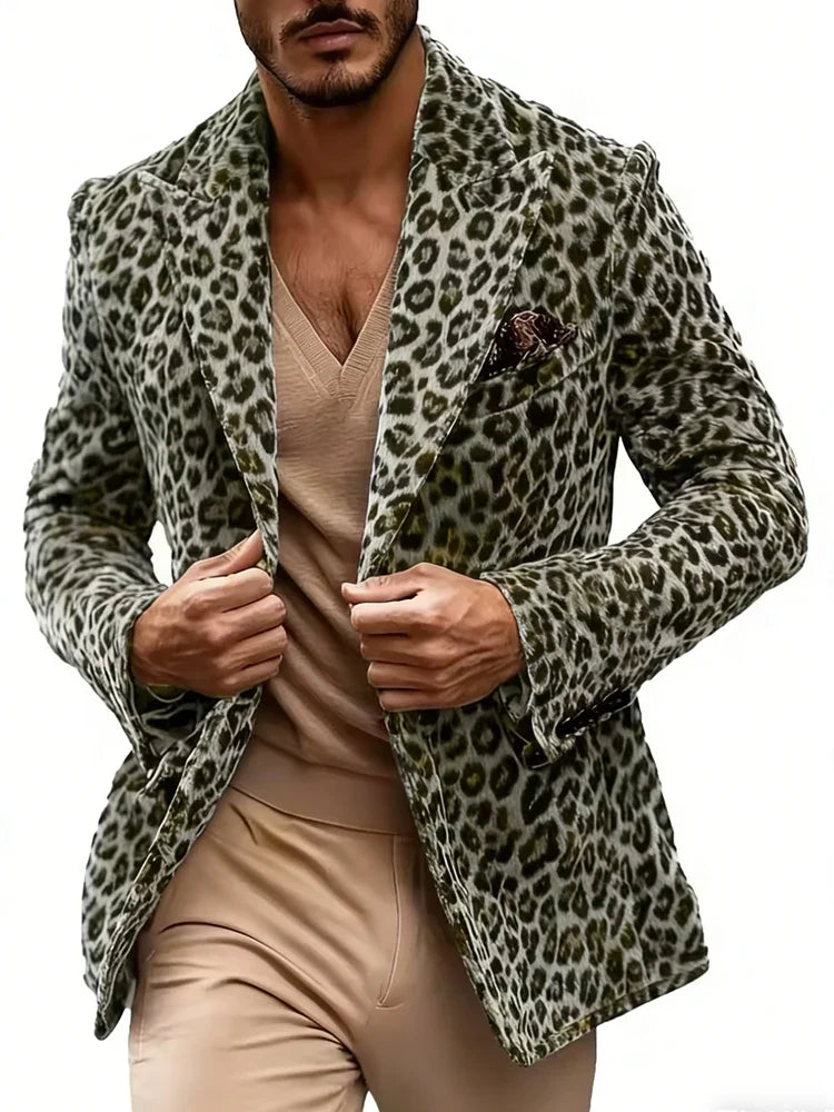Men's Leopard Print Blazer Single Breasted Slim Fit Notch Lapel Tuxedo Jacket for Party and Prom