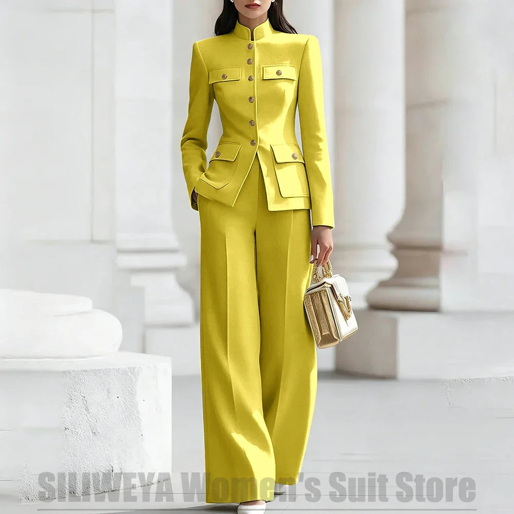 Women's Ivory Suit Mandarin Collar 2 Piece Military Style Gold Buttons Blazer Wide Leg Pants Wedding Party Prom Lady Suits