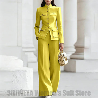 Women's Ivory Suit Mandarin Collar 2 Piece Military Style Gold Buttons Blazer Wide Leg Pants Wedding Party Prom Lady Suits