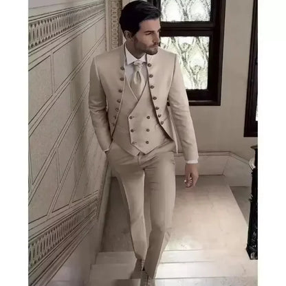 Men's 3 Piece Formal Suit Wedding Groom Tuxedo Khaki Slim Fit Blazer Jacket Pants Vest Set Male Traditional Wedding Attire