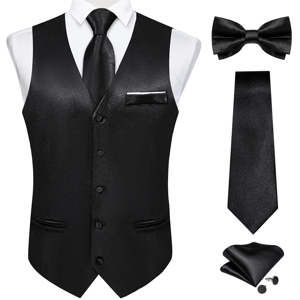 Men's Satin Suit Vest Set with Necktie Bow Tie Handkerchief and Cufflinks for Wedding and Formal Occasions