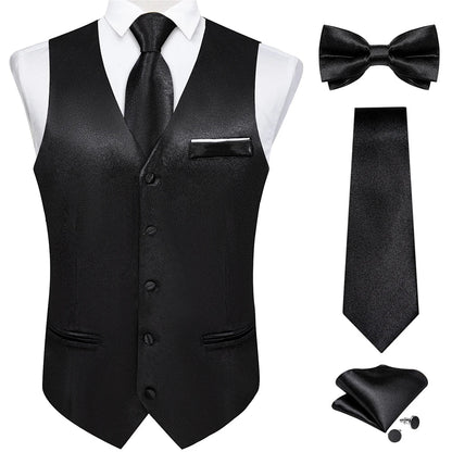 Men's Satin Suit Vest Set with Necktie Bow Tie Handkerchief and Cufflinks for Wedding and Formal Occasions