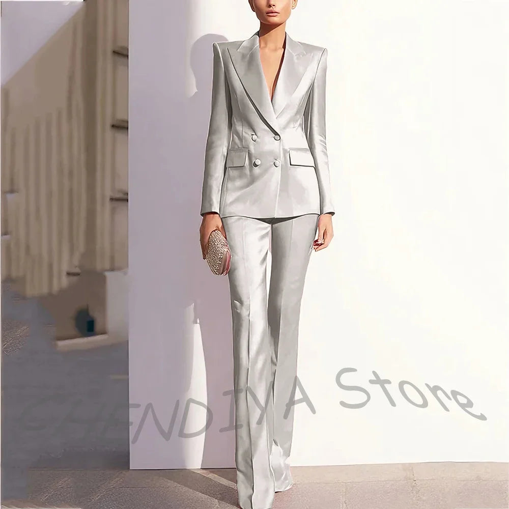 Luxury Satin Women Pants Suit Tailored Business Attire Dusty Rose 2 Piece Peak Lapel Straight Formal Outfit Daily Office Set