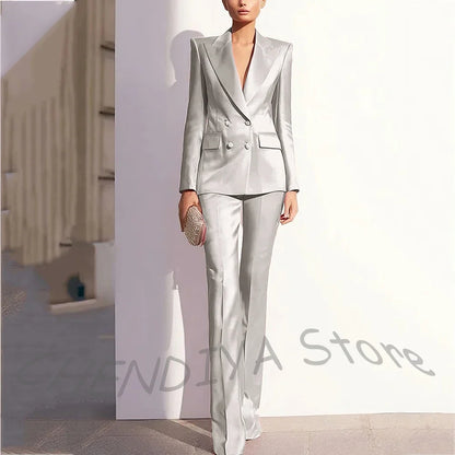 Luxury Satin Women Pants Suit Tailored Business Attire Dusty Rose 2 Piece Peak Lapel Straight Formal Outfit Daily Office Set