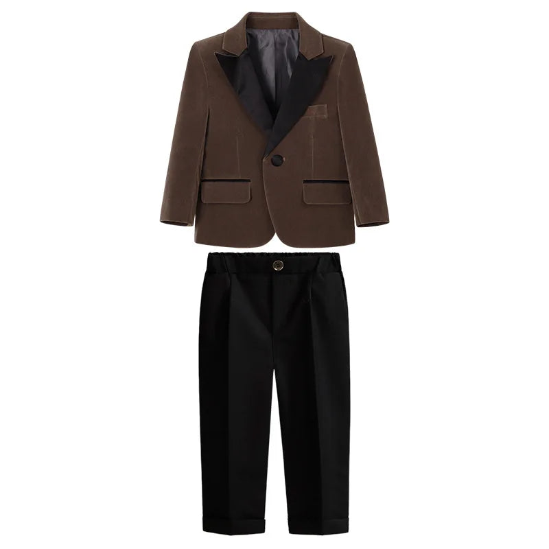 Boys Formal Wedding Birthday Party Wear Kids Piano Host Speech Performance Costume Children's Blazer Pants Bowtie