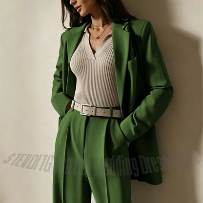 Dusty Blue Women Suits Casual Loose Single Breasted Blazer Pants 2 Piece Minimalist Fashion Office Daily Wear Outfit Set