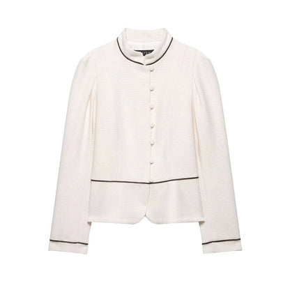 2026 Women Spring Elegant Single Breasted Stand Collar Long Sleeves Short Coat Woman Fashion Casual Beige Tweed Blazer Jacket