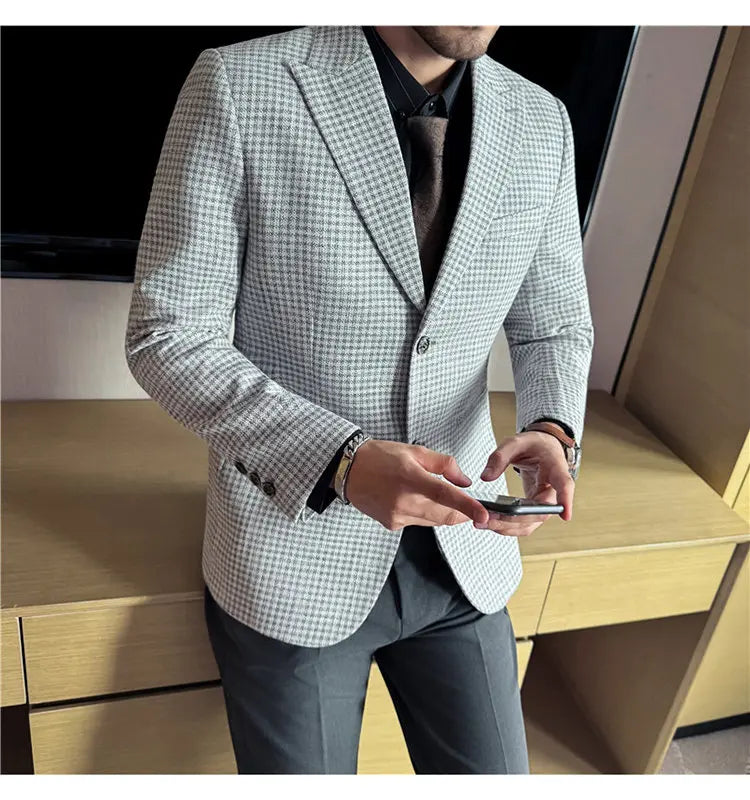 Men's Smart Casual Blazer – Vintage Coin Check Pattern – Brown & White Grey – Shopping & Office Wear