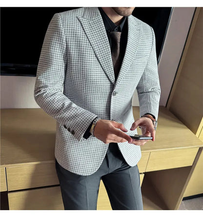 Men's Smart Casual Blazer – Vintage Coin Check Pattern – Brown & White Grey – Shopping & Office Wear