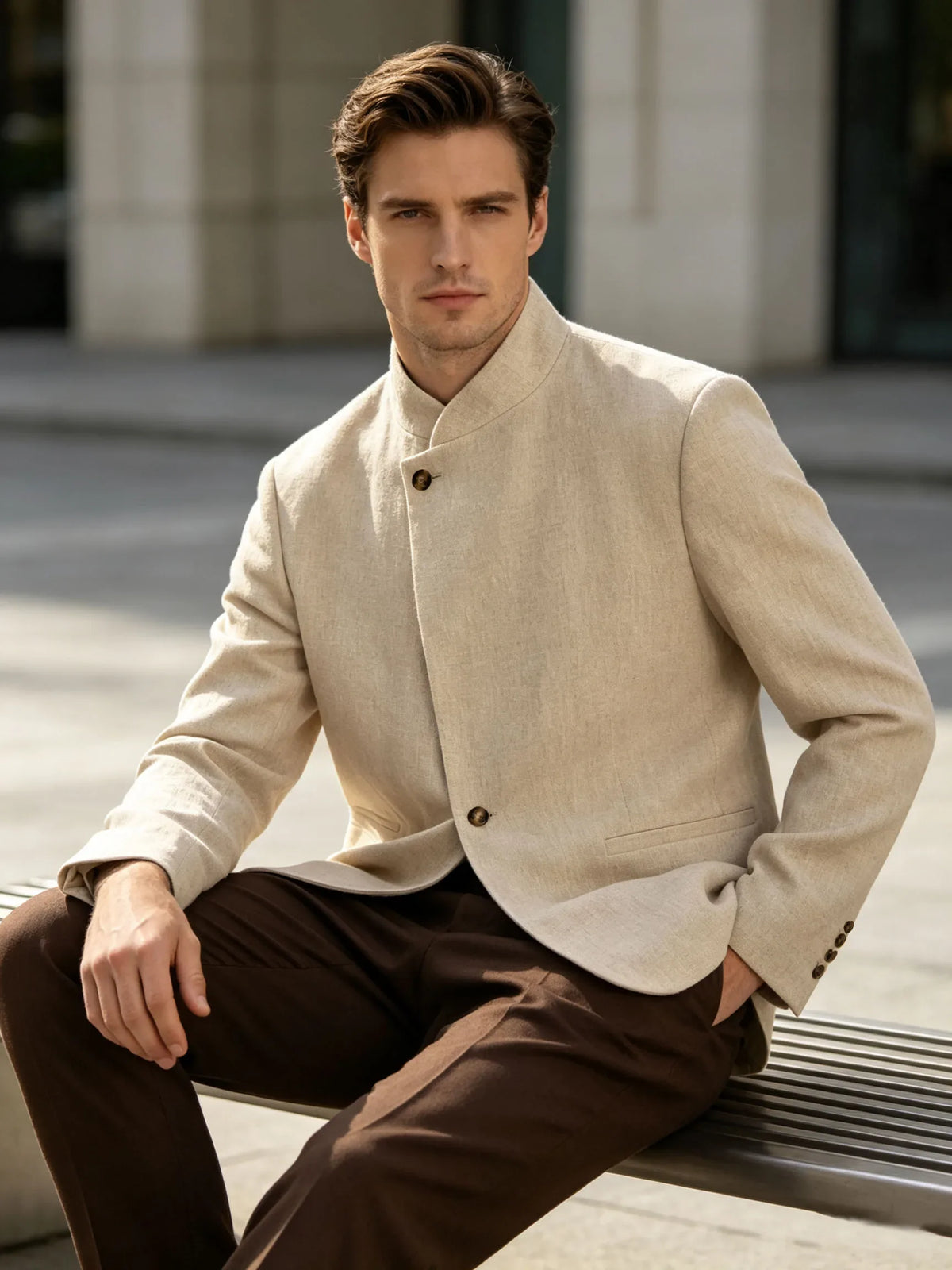  Mandarin Collar Men‘s Blazer Linen Blend Chinese Stand Collar Men Jacket Asymmetric Button Breathable Men Coat Wedding Party