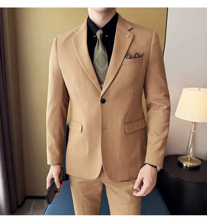 Men's 3-Piece Slim Fit Plaid Suit – Jacket, Vest & Pants for Weddings, Office & Formal Occasions