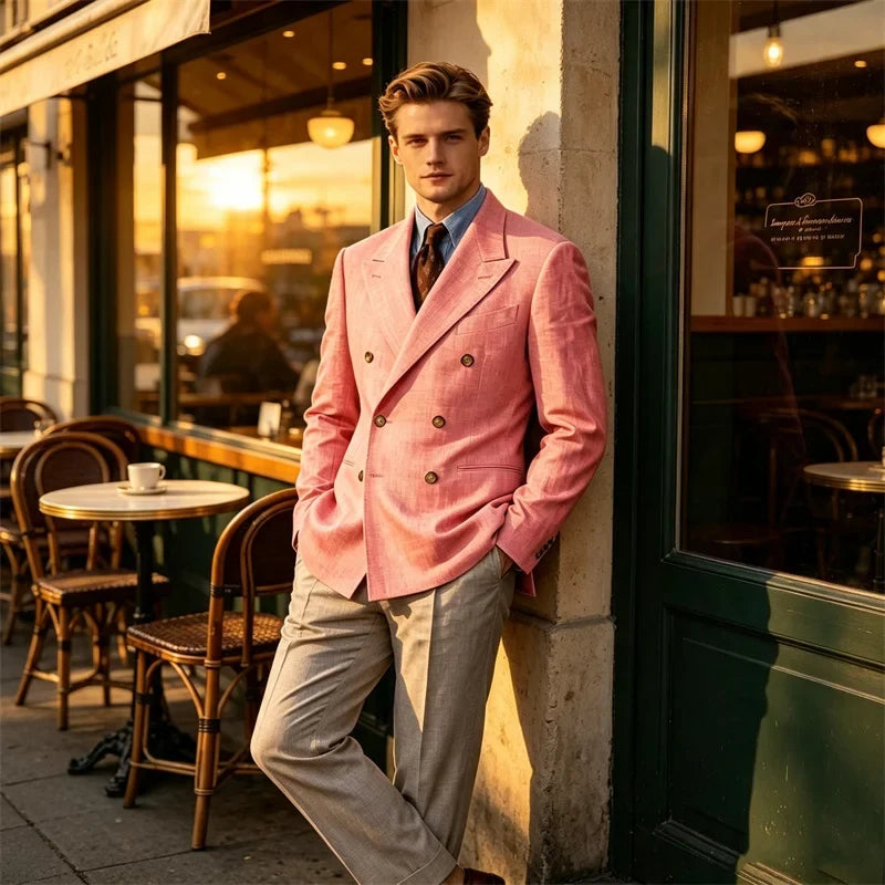 Men Linen Blazer Double Breasted Jacket Lightweight Soft Slim Coat For Business Wedding Casual Daily Party Vacation Dating