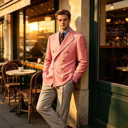Men Linen Blazer Double Breasted Jacket Lightweight Soft Slim Coat For Business Wedding Casual Daily Party Vacation Dating