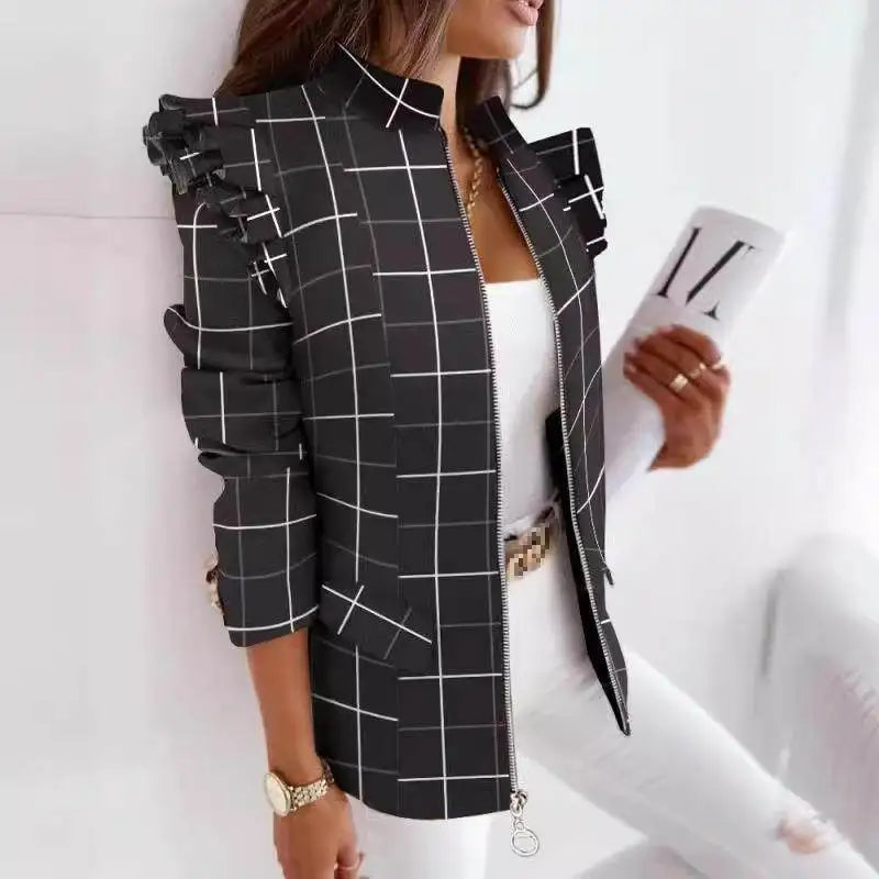 Autumn Winter Long Sleeve Print Blouse Women's Slim Fit Suit Jacket with Lace Hem Zipper Closure Fashionable Elegant Style