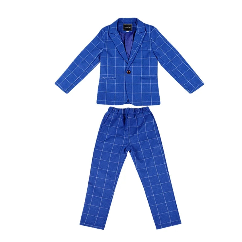 Boys 4Pieces Blue Plaid Suit Set With Jacket Vest Pants Bowtie Kids Formal Wedding Birthday Performance Photography Outfit