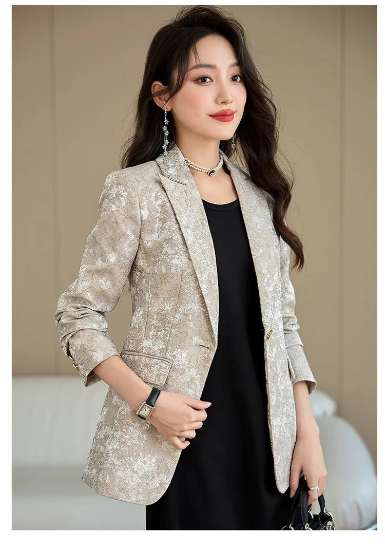 Fashion Apricot Printing Women Pant Suit Elegant Business Office Ladies 2 Piece Set Female Formal Blazer And Trouser