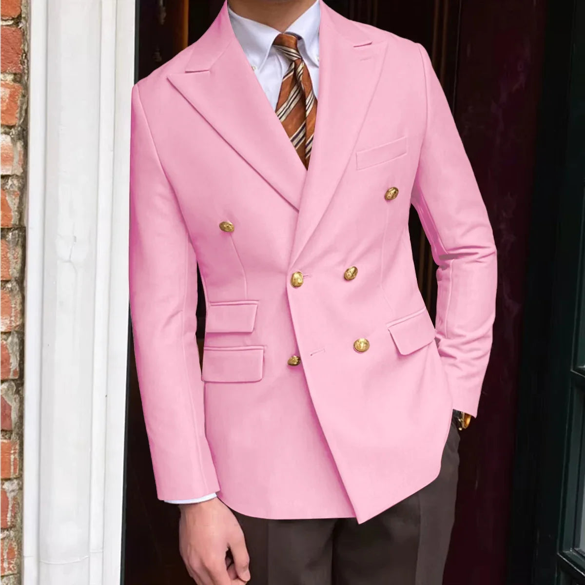 Men's Brown Serge Blazer Double Breasted Peak Lapel Gold Button Slim Fit British Style Fashion Suit Jacket Formal Business Casua