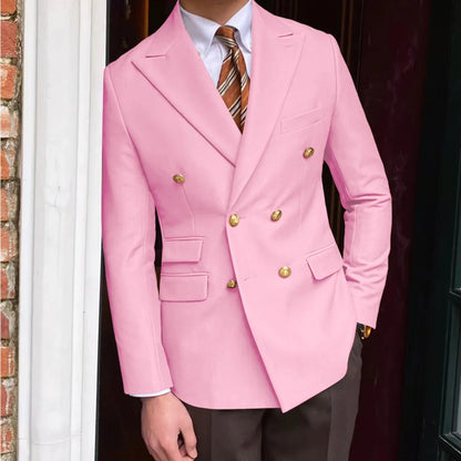 Men's Brown Serge Blazer Double Breasted Peak Lapel Gold Button Slim Fit British Style Fashion Suit Jacket Formal Business Casua