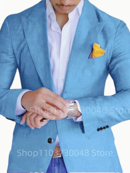 Men's Blue/Beige Linen Dress Blazer Peak Lapel Thin Suit Jacket Casual Party Prom Summer Wedding Coat Top for Daily Wear